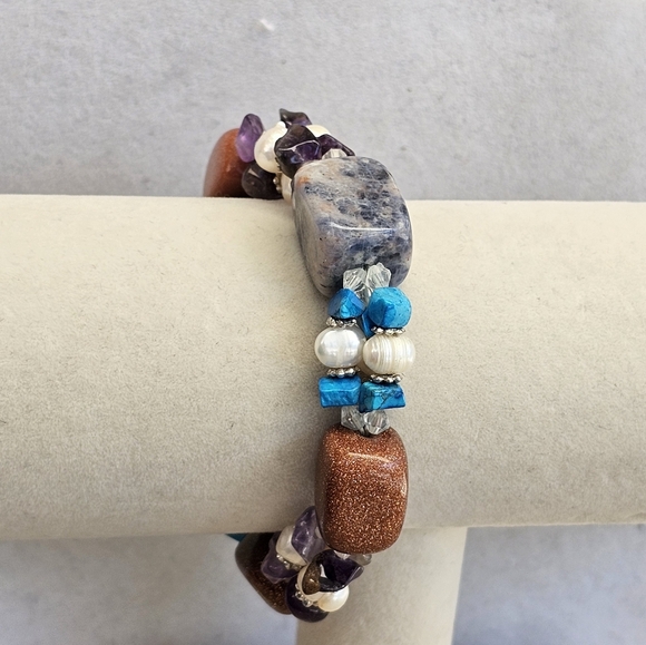 Sodalite,Copper Goldstone, Pearls, Amethyst, Turquoise Stretchy Bracelet - Picture 10 of 14